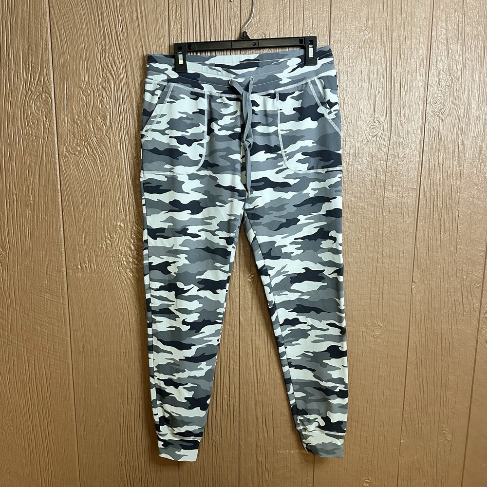Zyia Active Unwind Joggers Womens Size M Gray Camo Drawstring Stretch Athletic